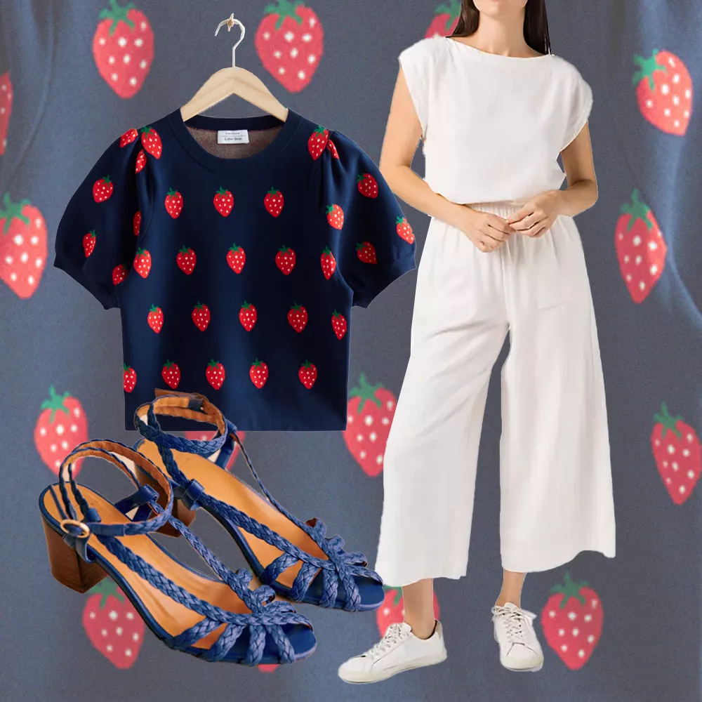 White gaucho pants with strawberry printed sweater