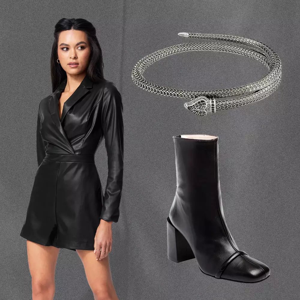 Taylor Swift Eras Tour Reputation Outfit: black leather romper, booties, and snake bracelet