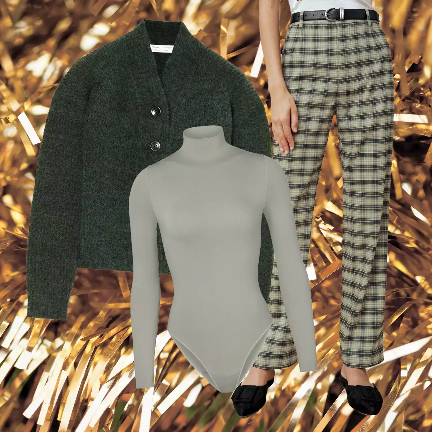 Plaid pants outfit collage