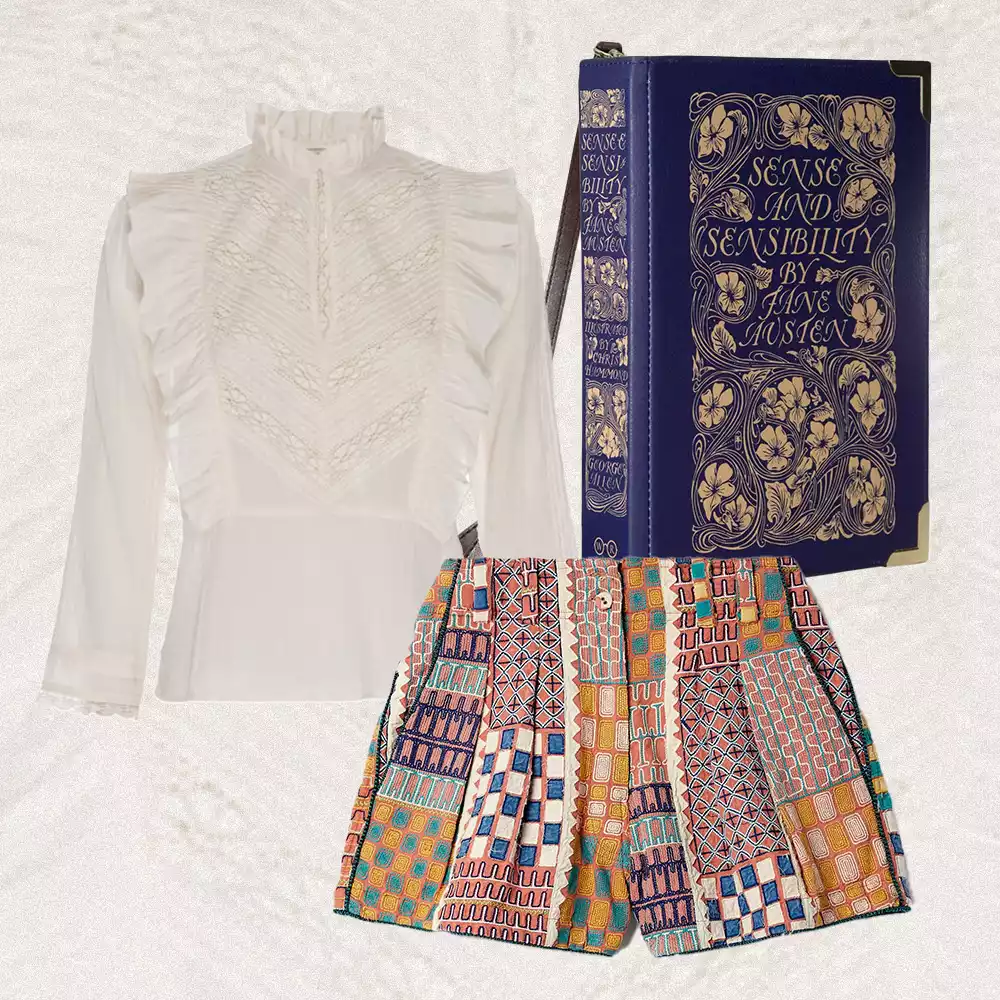 Taylor Swift Eras Tour Folklore Outfit: high-neck ruffled blouse, brown patchwork shorts, and book purse