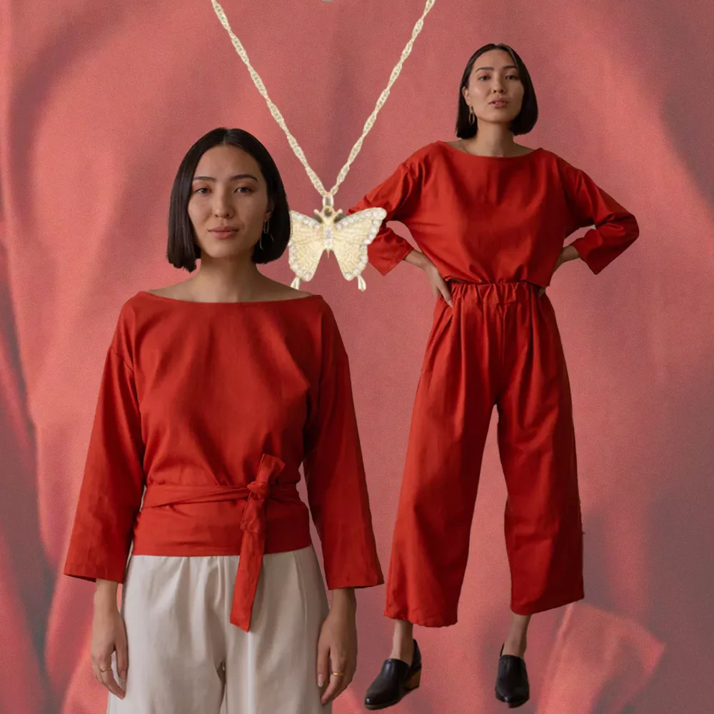 Red gaucho pants outfit collage