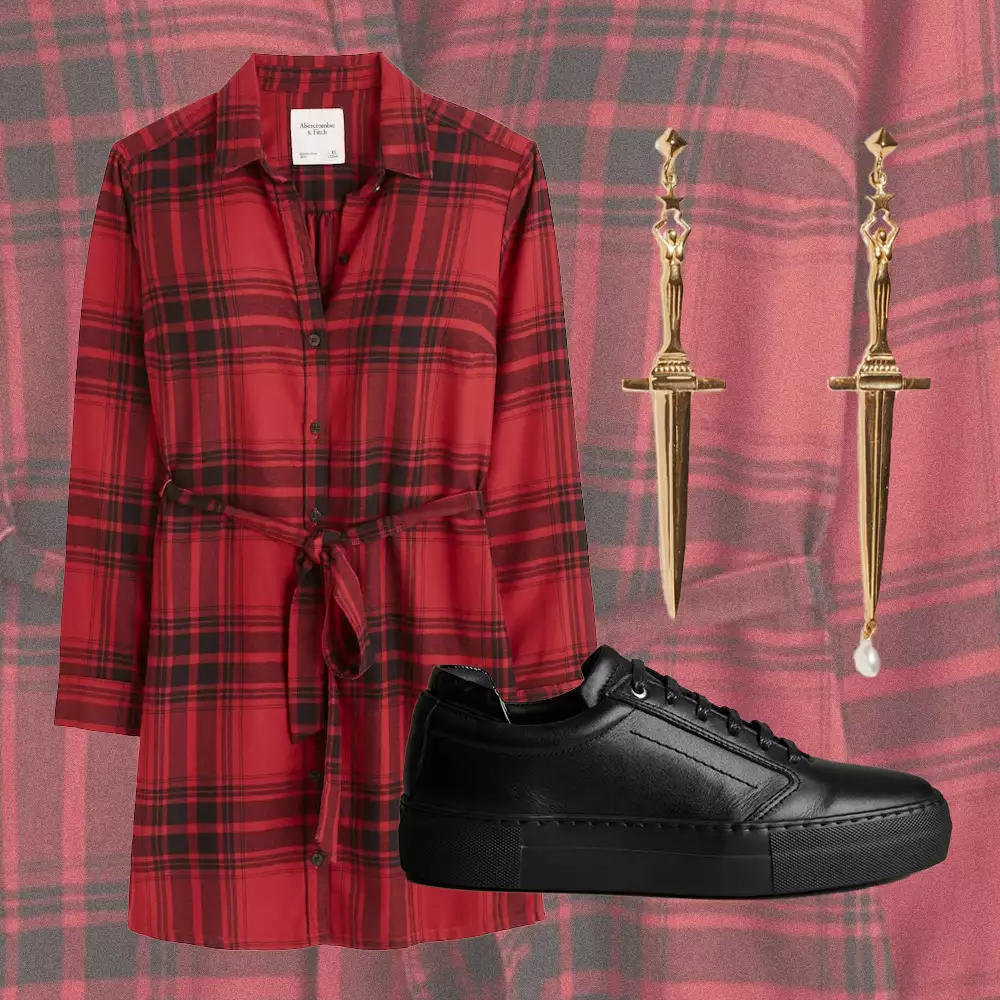 Taylor Swift Eras Tour Evermore Outfit: flannel dress, black leather sneakers, and dagger earrings