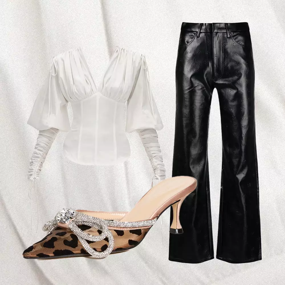 Leather trousers and white blouse outfit collage
