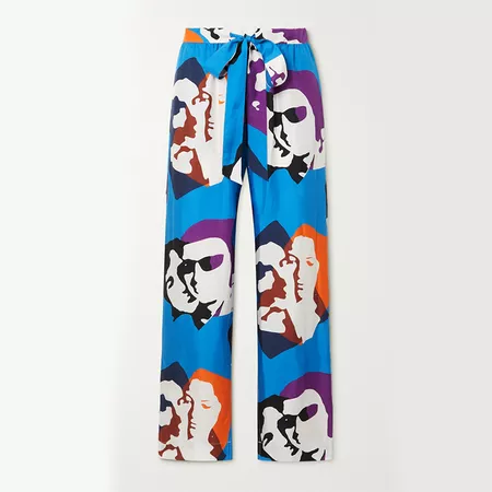 Pijama The Kiss Printed Silk-Twill Wide-Leg Pants