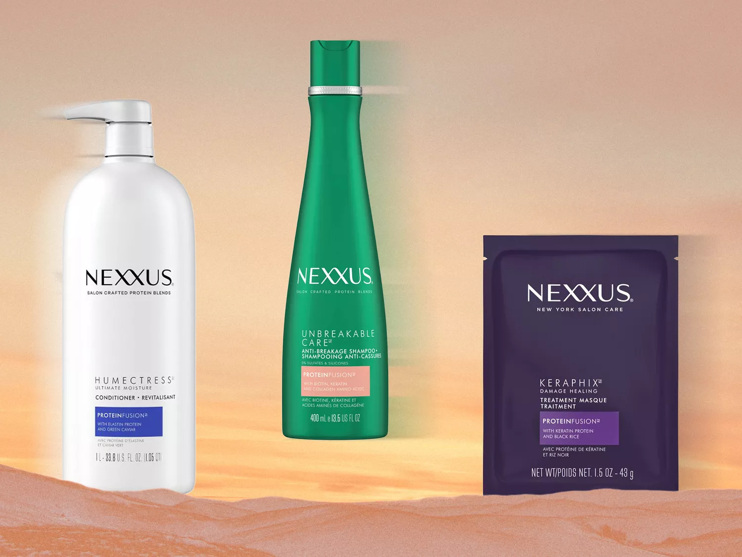 Three Nexxus haircare products on a warm-toned background