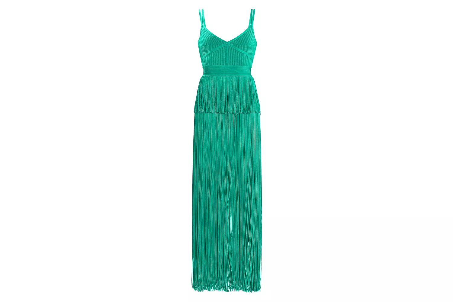 Herve Leger Strappy Ottoman Fringe Gown