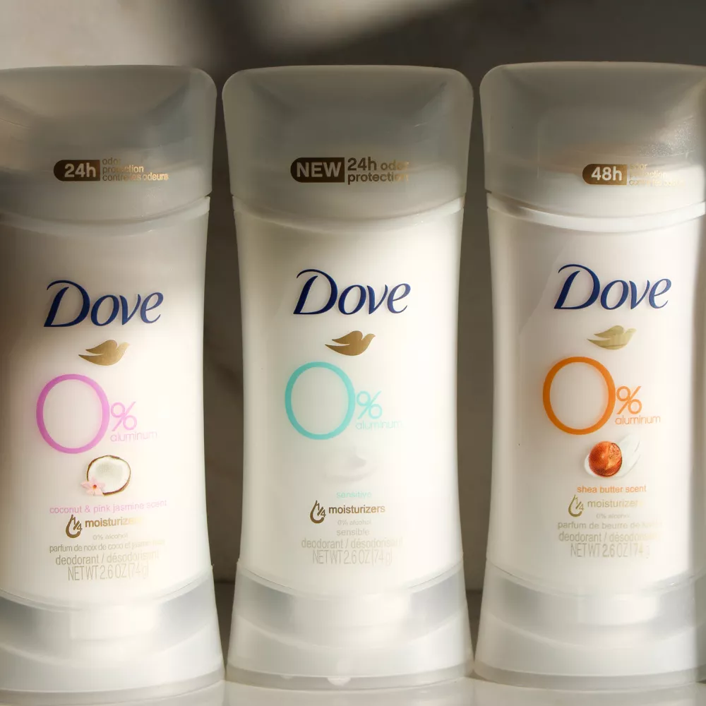 Close up of Dove's 0% Aluminum Deodorant in three scents