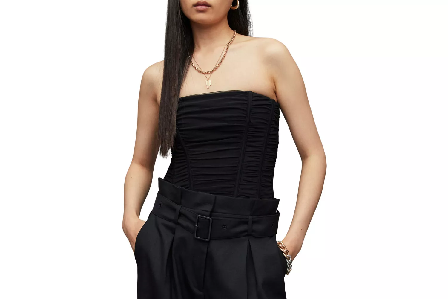 All Saints Kym Ruched Strapless Corset Top