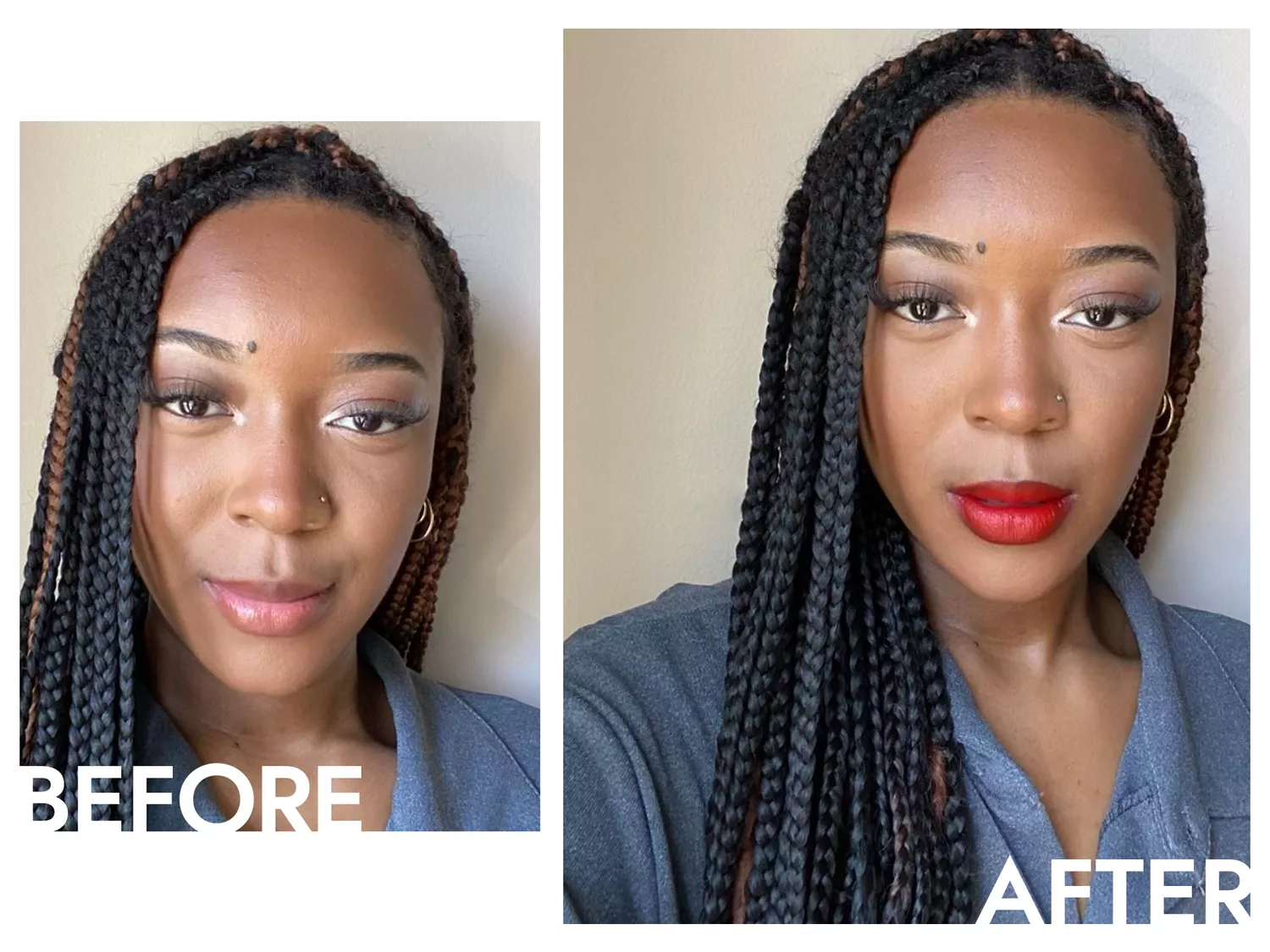 The author before and after applying the Fenty Icon Velvet Liquid Lipstick