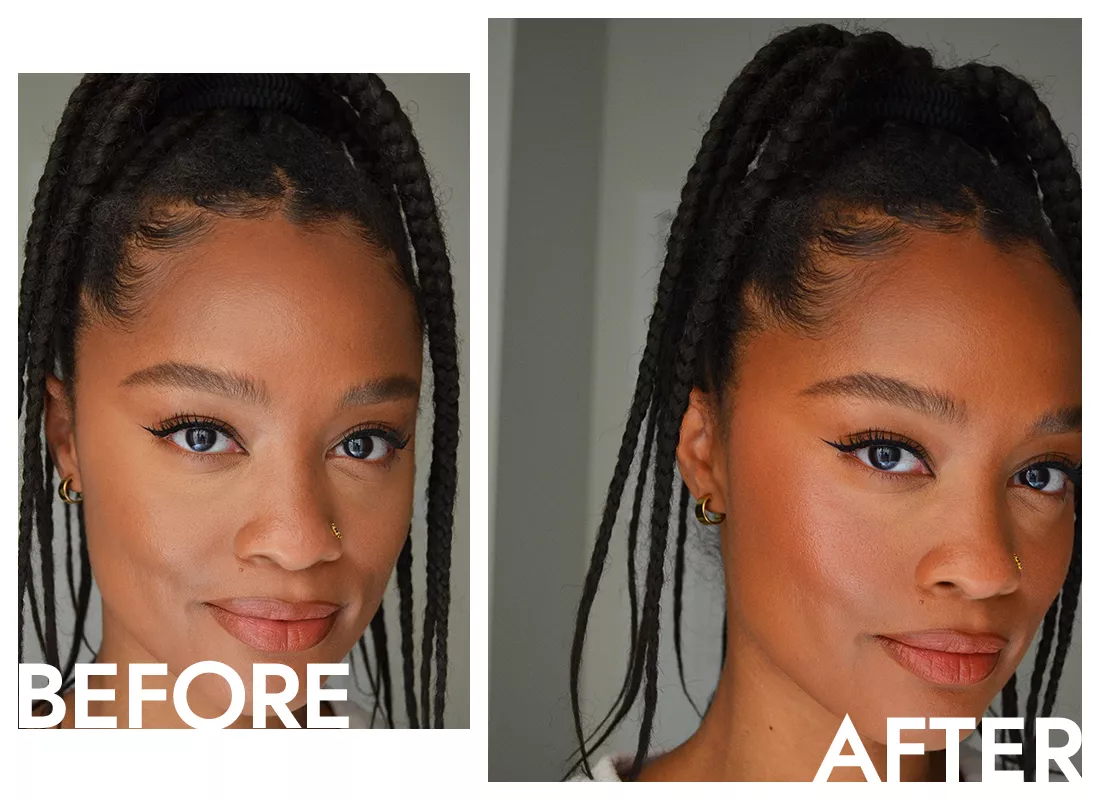 Byrdie writer Khera Alexander's cheeks before and after applying the Tarte Blush Tape liquid blush