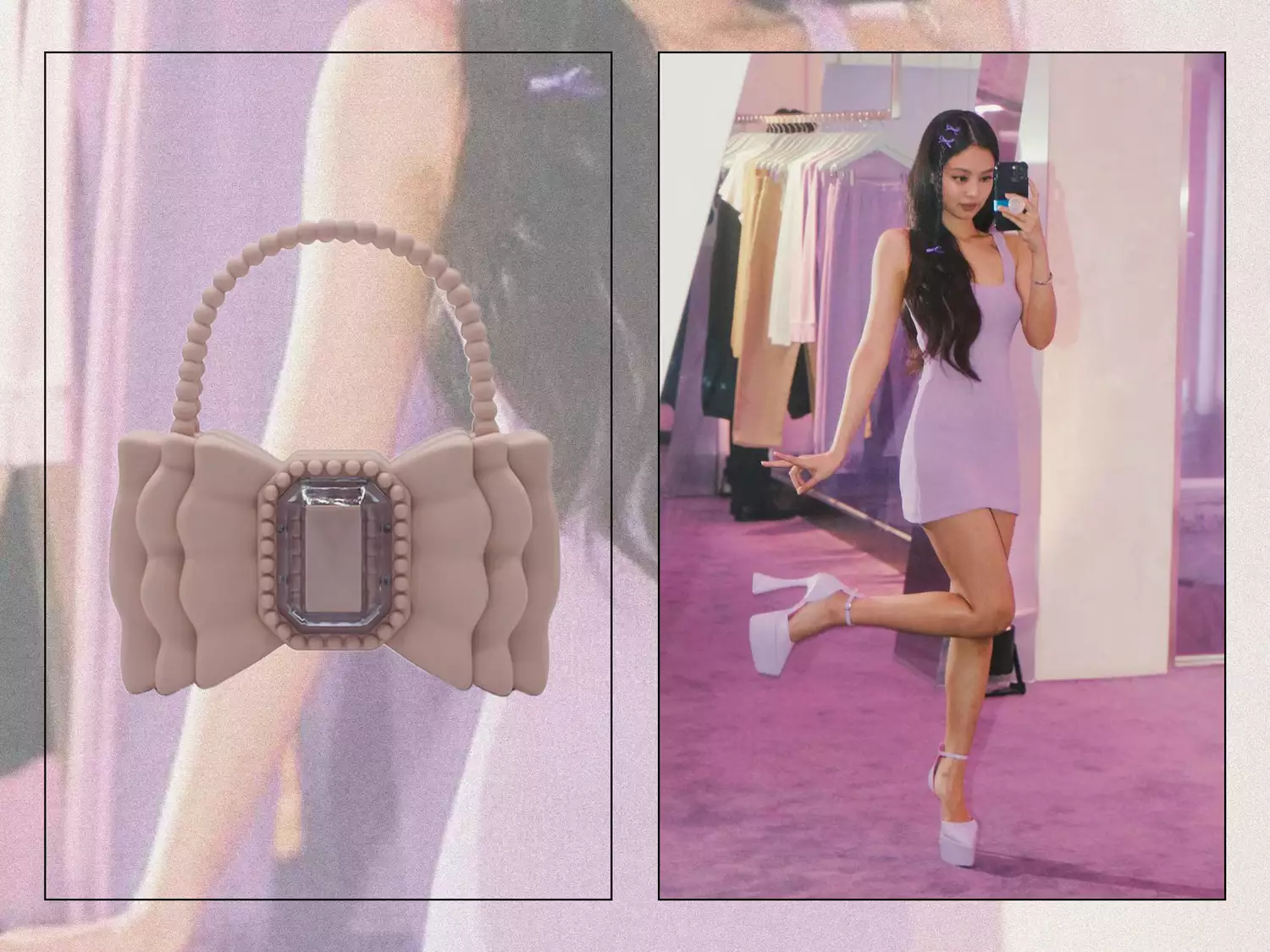Split of Jennie Kim in a Polly Pocketcore look and a bow-shaped purse 