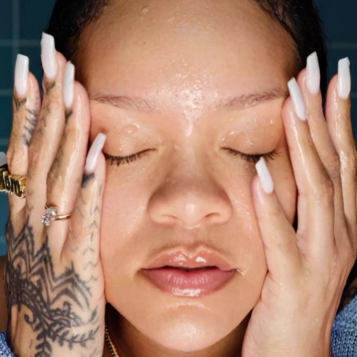 Rihanna wearing a milky manicure 