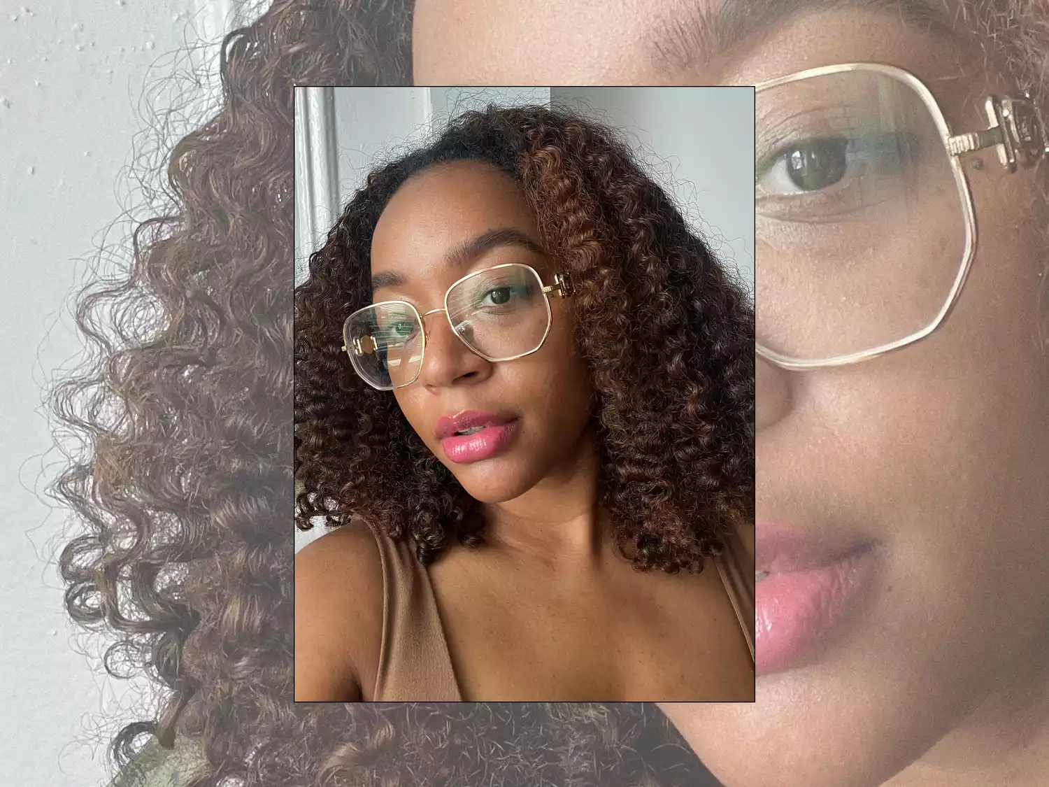 Byrdie editor Aimee Simeon with radiant skin, a glossy pink lip, and gold-rimmed glasses