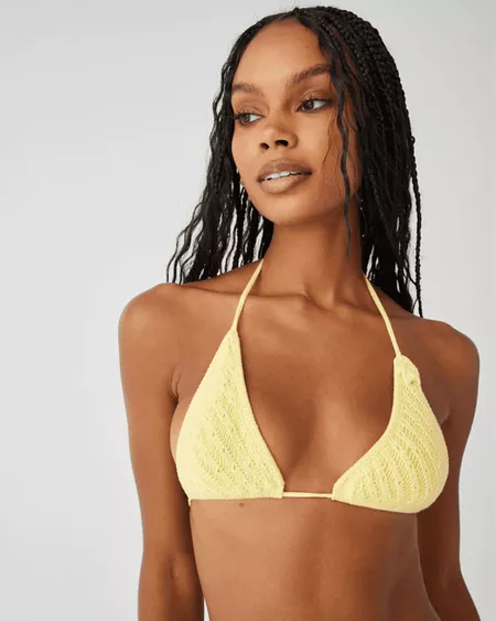 Model wearing Frankies Bikinis Tide Crochet Triangle Bikini Top
